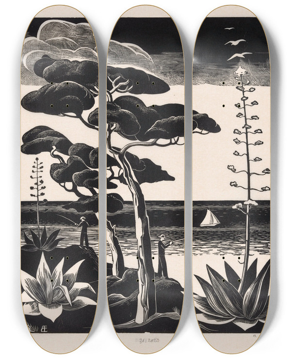 Triptych art skateboard deck of Bernard Essers Kust Bij Saintraphal by Bernard Essers (1893-1945)
