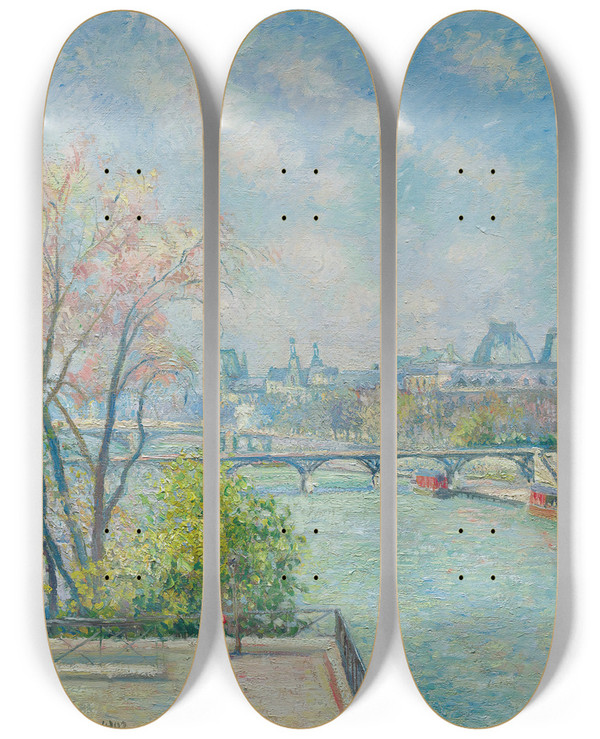 Triptych art skateboard deck of Camille Pissarro Lelouvre Matin Printemps by Camille Pissarro (1830-1903)