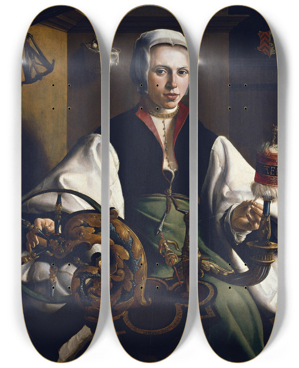 Triptych art skateboard deck of Maarten Van Heemskerck Portrait Of A Lady Spinning by Maarten Van Heemskerck (1498-1574)
