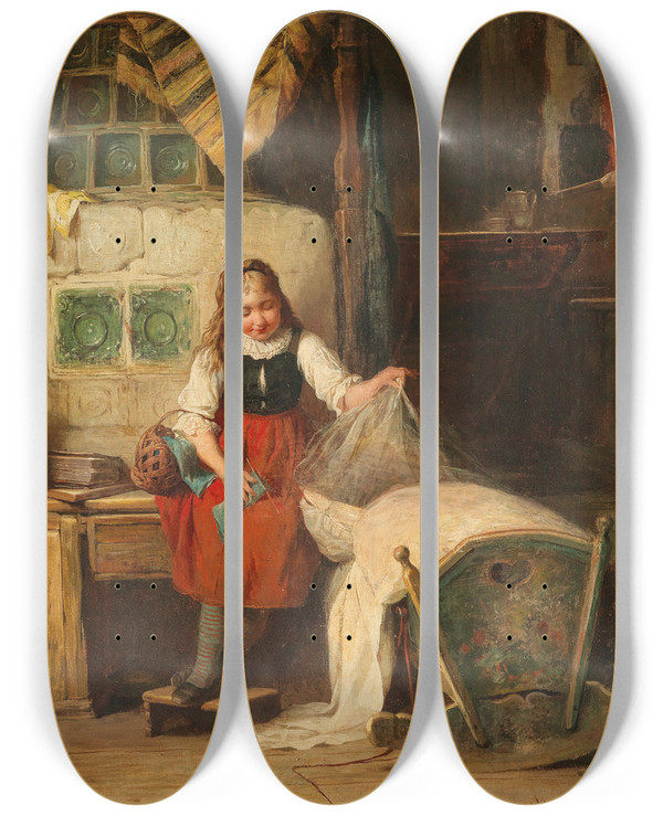 Triptych art skateboard deck of August Mller Geschwisterliebe by August Muller (1836-1885)