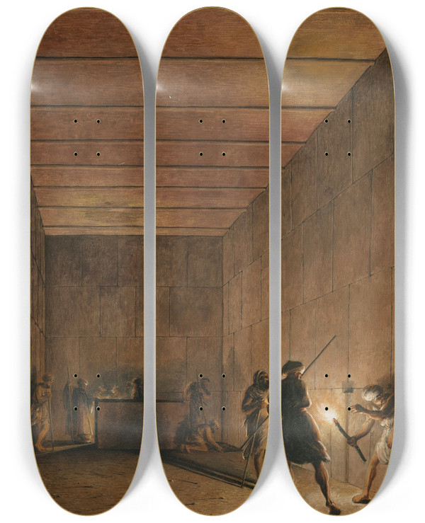 Triptych art skateboard deck of Luigi Mayer Arab Men Discovering An Ancient Tomb by Luigi Mayer (1755-1803)