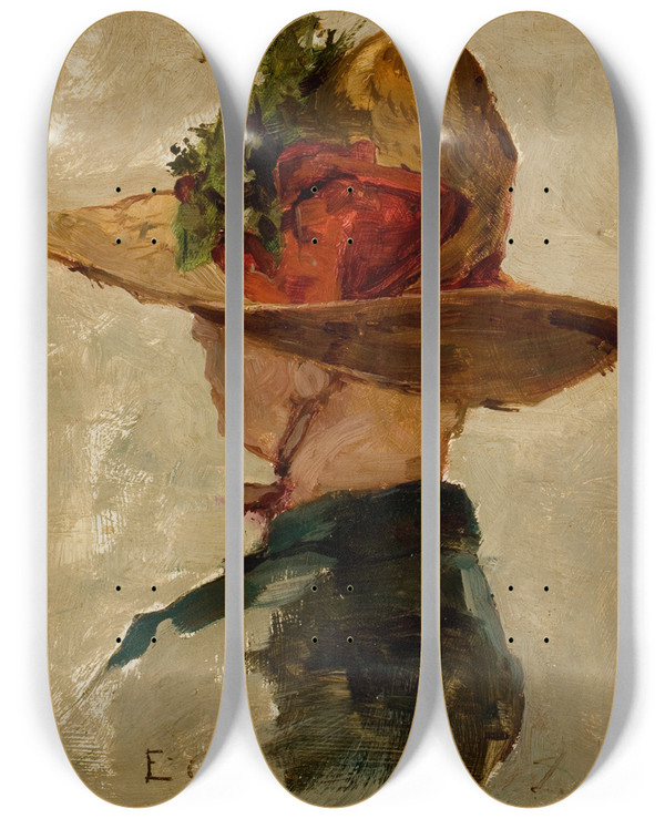 Triptych art skateboard deck of Emil Carlsen Woman With A Hat by Emil Carlsen (1848-1932)