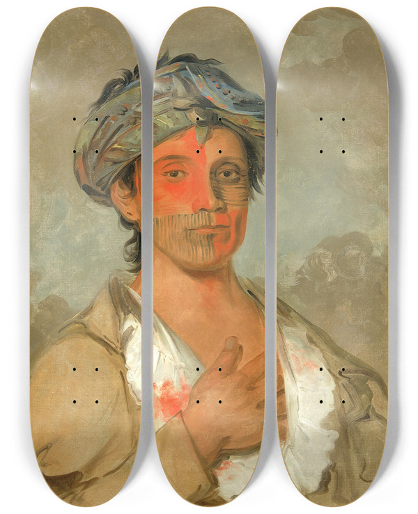 Triptych art skateboard deck of George Catlin Pahtecosaw Straight Man Semicivilized by George Catlin (1796-1872)
