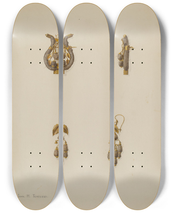 Triptych art skateboard deck of John H Tercuzzi Brooch And Earrings by John H Tercuzzi