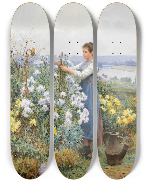 Triptych art skateboard deck of Daniel Ridgway Knight Chrysanthemums by Daniel Ridgway Knight (1839-1924)