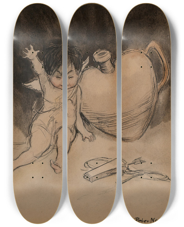 Triptych art skateboard deck of Peter Newell Tipsy Cupid by Peter Newell (1862-1924)