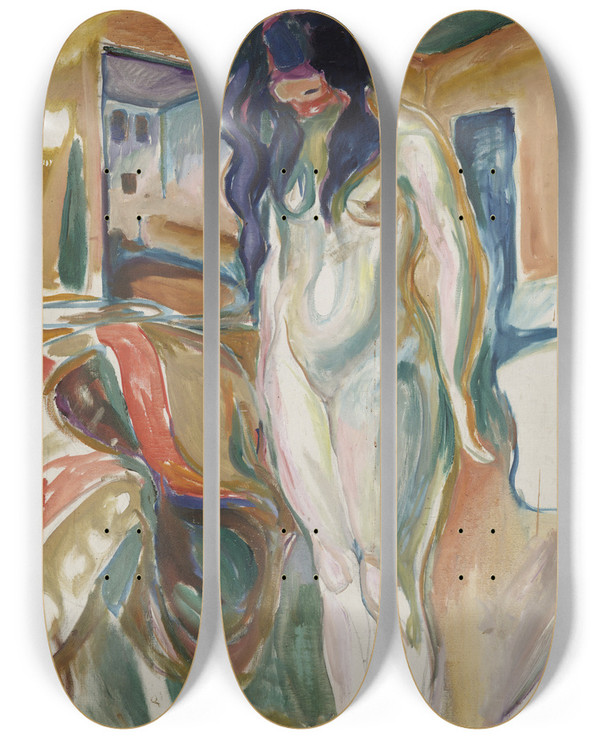 Triptych art skateboard deck of Edvard Munch Model By The Wicker Chair by Edvard Munch (1863-1944)