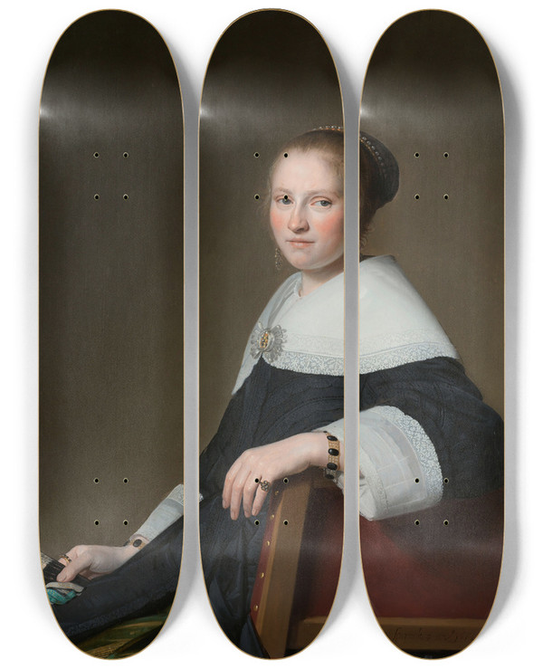 Triptych art skateboard deck of Johannes Cornelisz Verspronck Portrait Of Maria Van Strijp by Johannes Cornelisz Verspronck (1600-1662)