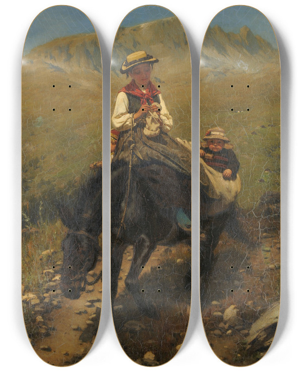 Triptych art skateboard deck of Carl Diethelm Meyer Woman Of The Valais With Two Children On A Mule by Carl Diethelm Meyer (1840-1884)