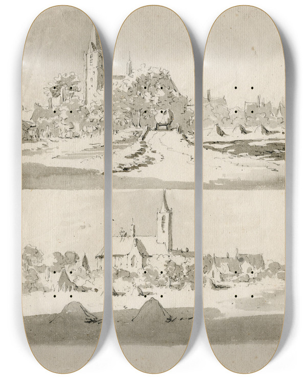 Triptych art skateboard deck of Barend Hendrik Thier Twee Dorpsgezichten by Barend Hendrik Thier (1751-1814)