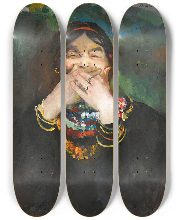 Triptych art skateboard deck of Filipp Malyavin Laughing Baba by Filipp Malyavin (1869-1940)