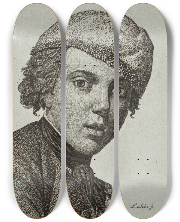 Triptych art skateboard deck of Gerhard Ludvig Lahde Jens Juel Efter Juels Selvportrt Fra 1767 by Gerhard Ludvig Lahde (1765-1833)