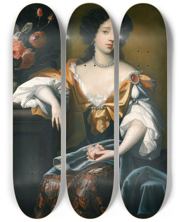 Triptych art skateboard deck of Simon Verelst Portrait Of Mary Of Modena16581718 by Simon Verelst (1644-1721)