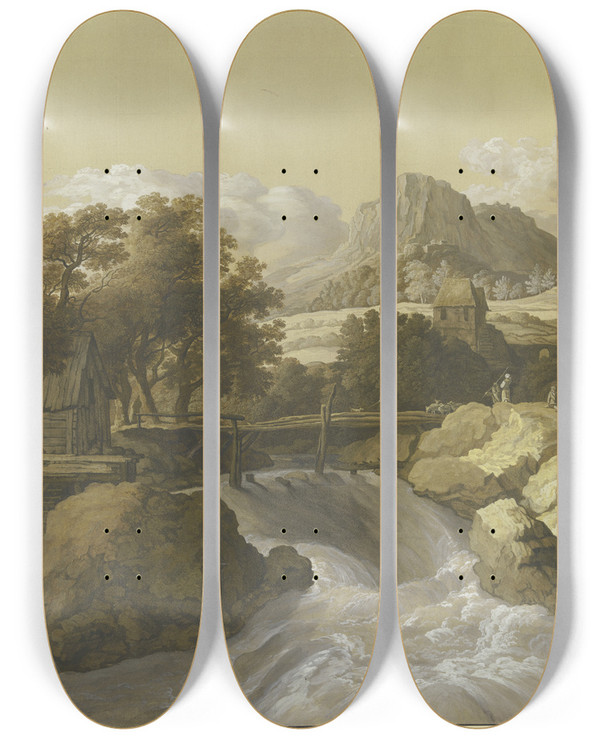Triptych art skateboard deck of Maria Katharina Prestel Ein Reiender Bach Mit Einer Brcke Und Blick In Ein Tal by Maria Katharina Prestel