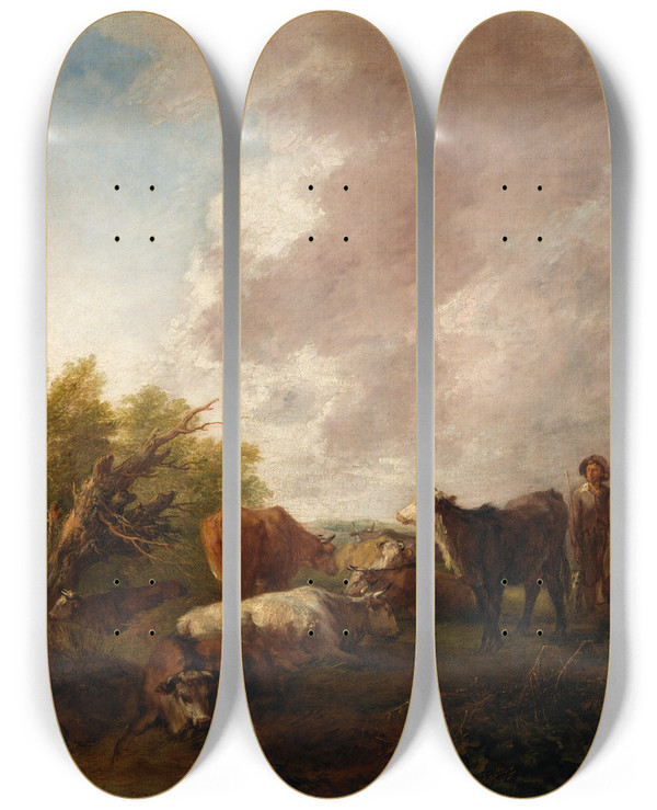 Triptych art skateboard deck of Thomas Gainsborough Landscape With Cattle_2 by Thomas Gainsborough (1727-1788)