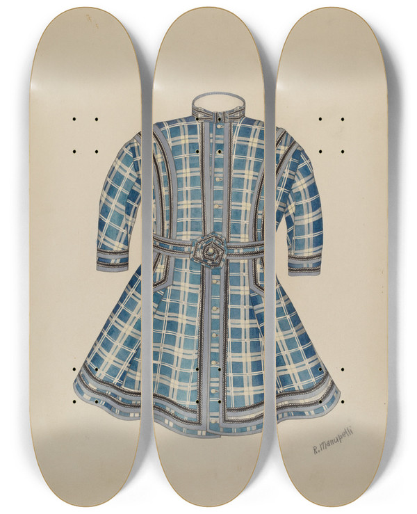 Triptych art skateboard deck of Raymond Manupelli Childs Dress_1 by Raymond Manupelli