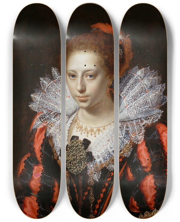 Triptych art skateboard deck of Paulus Moreelse Portrait Of A Young Lady by Paulus Moreelse (1571-1638)