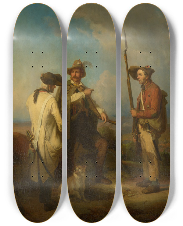 Triptych art skateboard deck of Johann Baptist Kirner A Baden Irregular With His Two Orderlies by Johann Baptist Kirner (1806-1866)