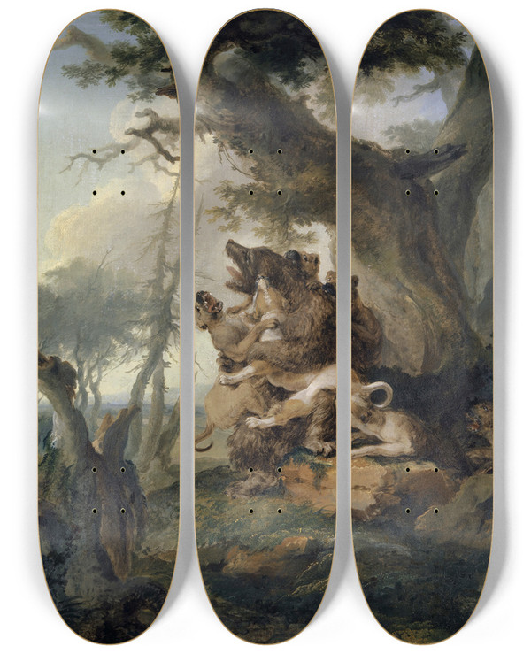 Triptych art skateboard deck of Caspar Wolf Bear Attacked By A Pack Of Hounds by Caspar Wolf (1735-1783)