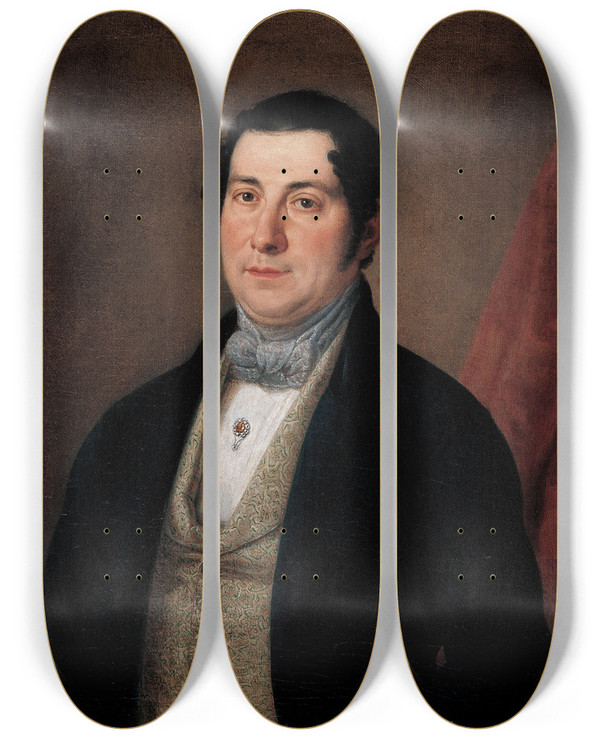 Triptych art skateboard deck of Antonio Mara Esquivel Portrait Of A Gentleman by Antonio Maria Esquivel (1806-1857)