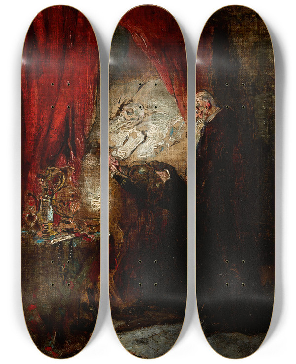 Triptych art skateboard deck of Maurycy Gottlieb At The Deathbed by Maurycy Gottlieb (1856-1879)