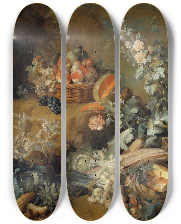 Triptych art skateboard deck of Jeanbaptiste Oudry Still Life Of Fruits And Vegetables by Jean-Baptiste Oudry (1686-1755)