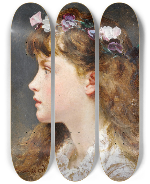 Triptych art skateboard deck of Sophie Anderson A Young Girl With A Garland Of Flowers In Her Hair by Sophie Anderson (1823-1903)