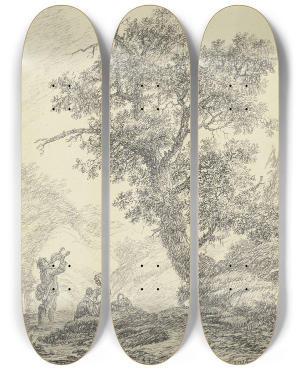 Triptych art skateboard deck of Bernhard Gottfried Manskirch Familienszene Unter Einem Eichenbaum by Bernhard Gottfried Manskirch