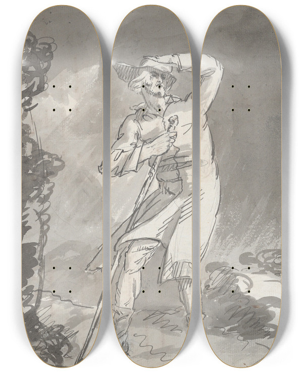 Triptych art skateboard deck of William Hamilton Male Traveler In A Storm by William Hamilton (1751-1801)