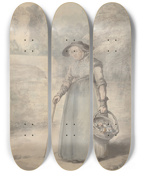 Triptych art skateboard deck of Edward Edwards Old Lady With Basket Of Flowers by Edward Edwards (1738-1806)