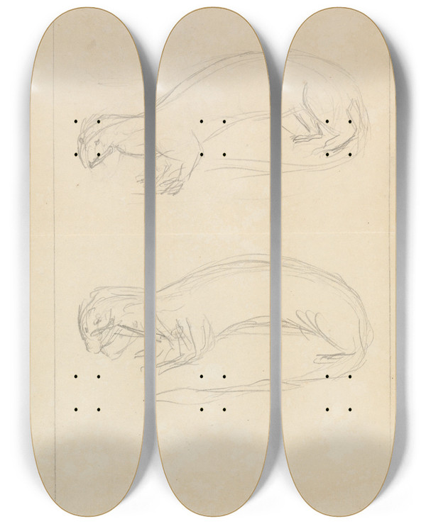Triptych art skateboard deck of James Sowerby Two Weasels_1 by James Sowerby (1757-1822)