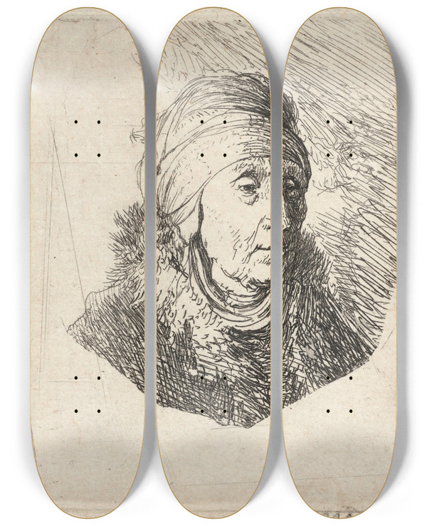 Triptych art skateboard deck of Rembrandt Van Rijn A Woman With A High Headdress by Rembrandt Van Rijn (1606-1669)