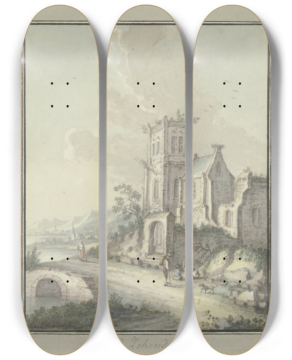 Triptych art skateboard deck of Johann Caspar Zehender Church Ruins By The Water by Johann Caspar Zehender (1742-1805)