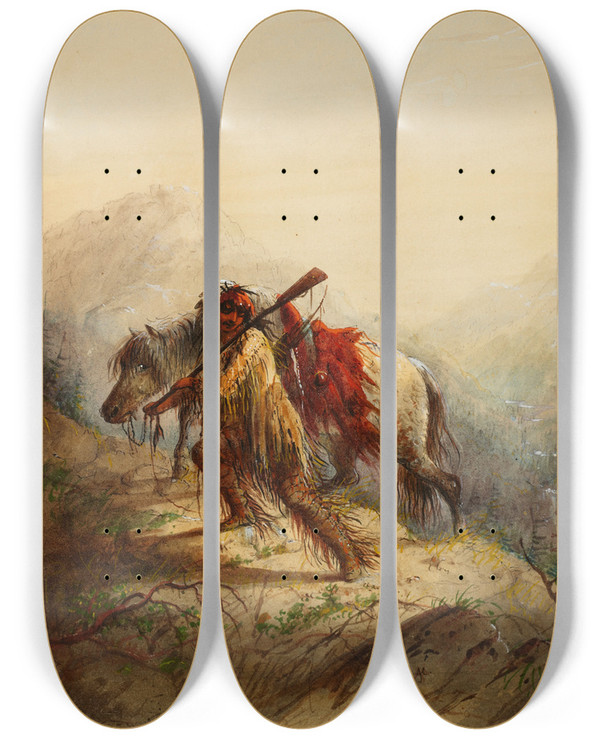 Triptych art skateboard deck of Alfred Jacob Miller The Scalplock_2 by Alfred Jacob Miller (1810-1874)