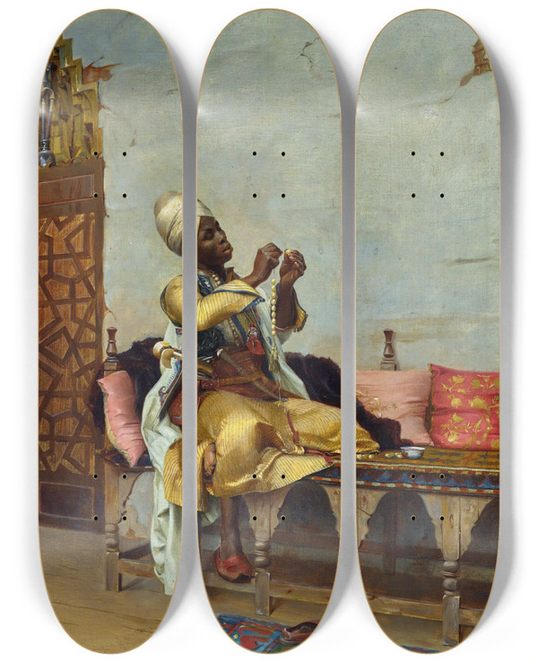 Triptych art skateboard deck of Theodoros Ralli Stringing Pearls by Theodoros Ralli (1852-1909)
