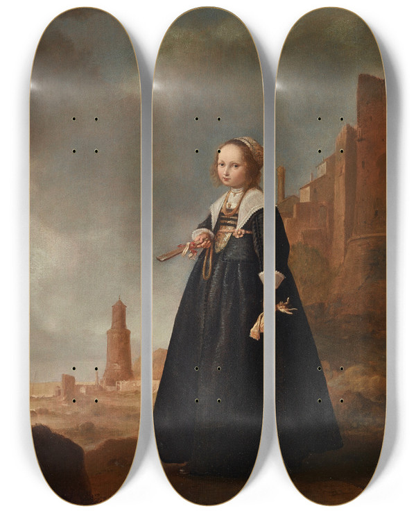 Triptych art skateboard deck of Jacob Gerritsz Cuyp The Morning Stroll by Jacob Gerritsz Cuyp (1594-1652)