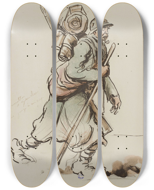 Triptych art skateboard deck of Georges Goursat Sem Soldat La Pipe by Georges Goursat (Sem) (1863-1934)