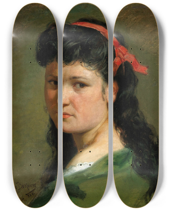 Triptych art skateboard deck of Vlaho Bukovac Portrait Of A Lady With Red Hairband_2 by Vlaho Bukovac (1855-1922)