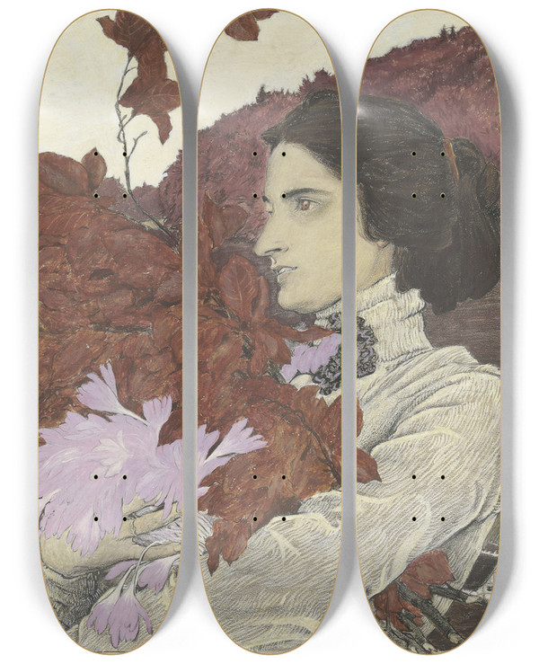Triptych art skateboard deck of Reinhold Max Eichler Woman With A Flower Bouquet by Reinhold Max Eichler