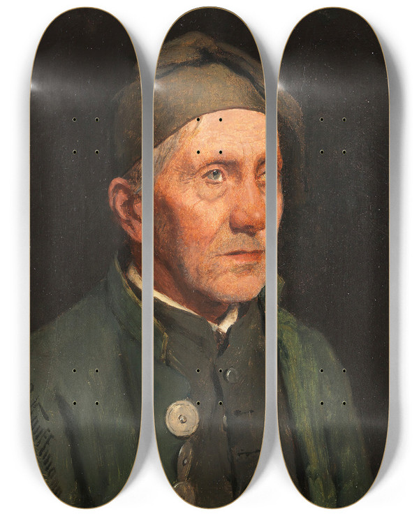 Triptych art skateboard deck of Hugo Kauffmann Alter Bauer Mit Zipfelhaube by Hugo Kauffmann (1844-1915)