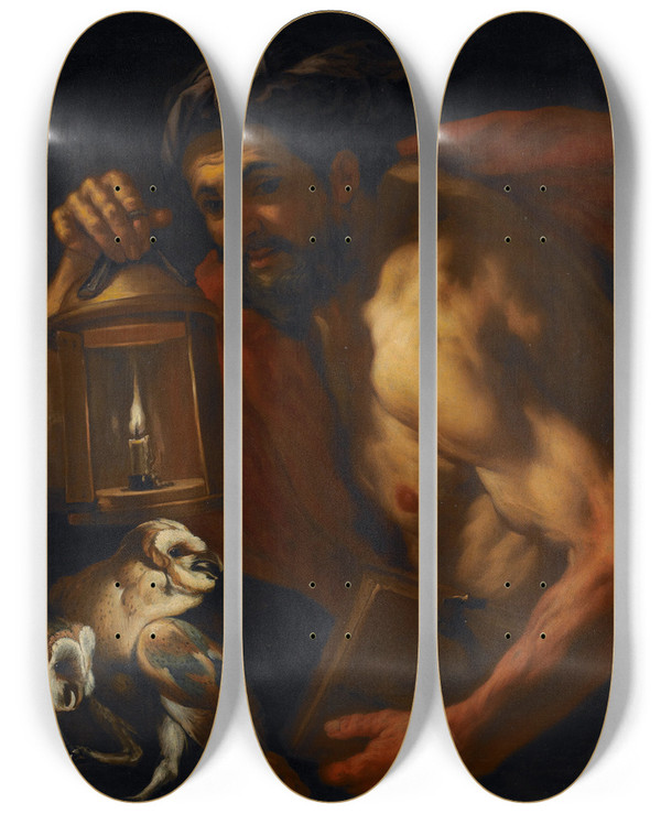 Triptych art skateboard deck of Johann Carl Loth Diogenes by Johann Carl Loth (1632-1698)