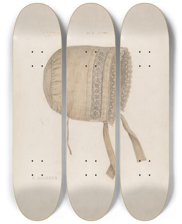 Triptych art skateboard deck of Eleanor Gausser Infants Cap by Eleanor Gausser