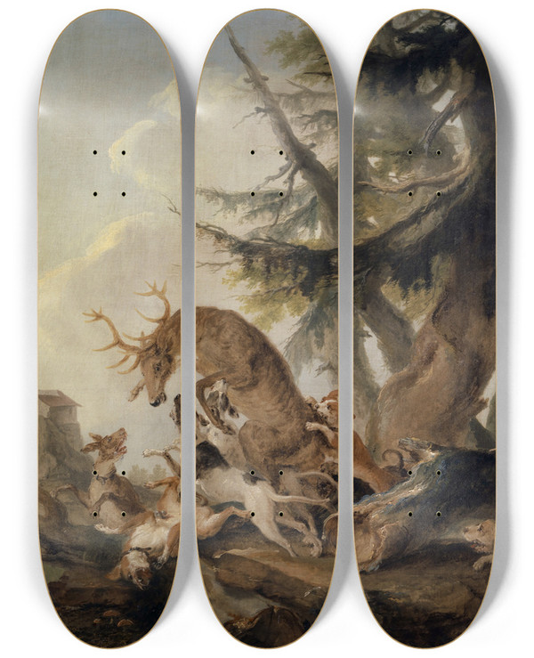 Triptych art skateboard deck of Caspar Wolf Stag Attacked By A Pack Of Hounds by Caspar Wolf (1735-1783)