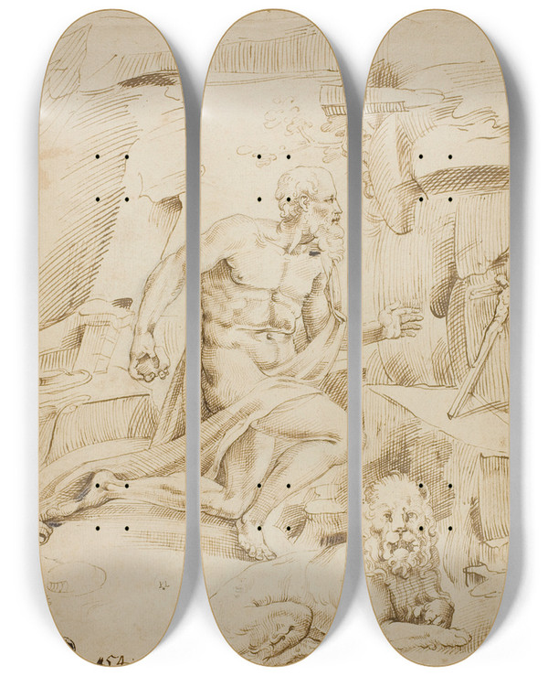 Triptych art skateboard deck of After Bartolommeo Passarotti Saint Jerome by After Bartolommeo Passarotti (1529-1592)