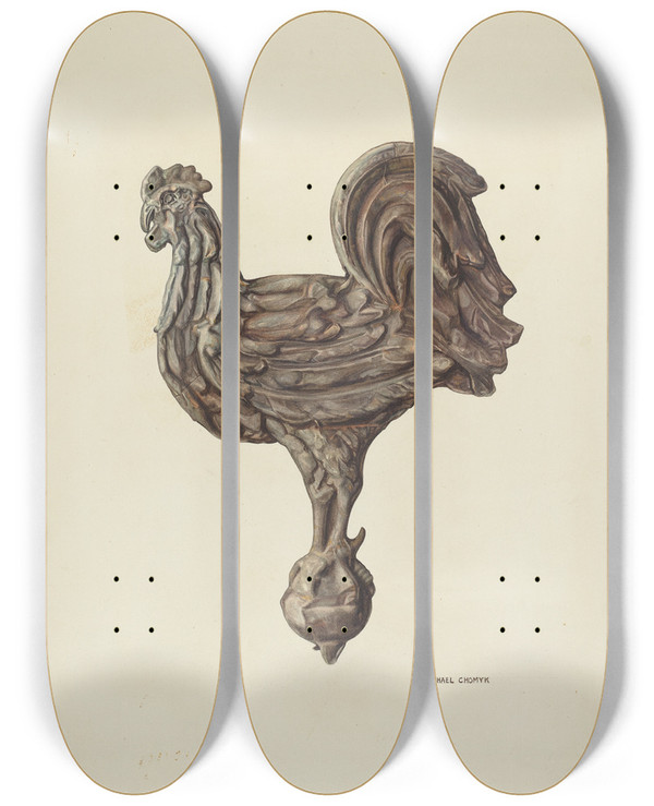 Triptych art skateboard deck of Michael Chomyk Weather Vane Finial by Michael Chomyk