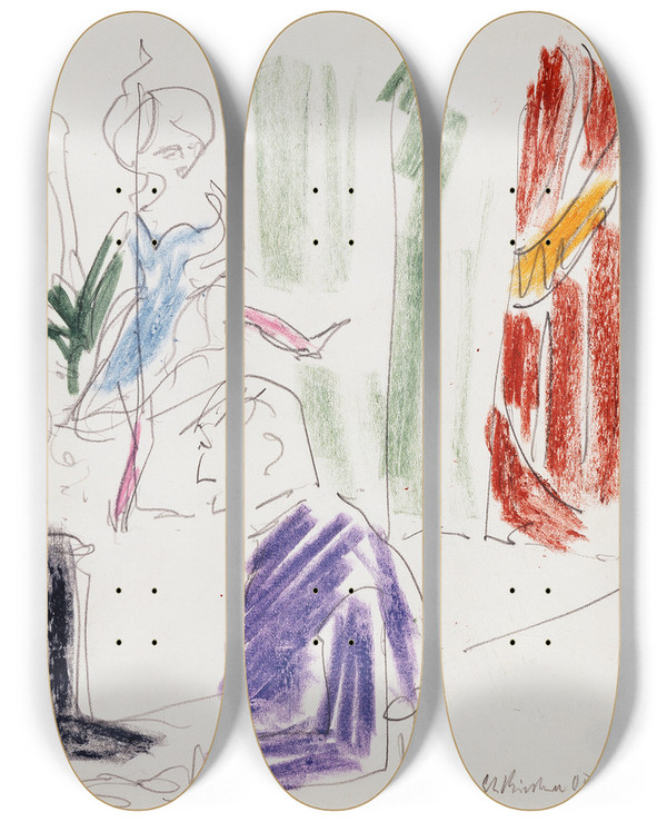 Triptych art skateboard deck of Ernst Ludwig Kirchner Varit Tnzerin Und Klavierspieler by Ernst Ludwig Kirchner (1880-1938)