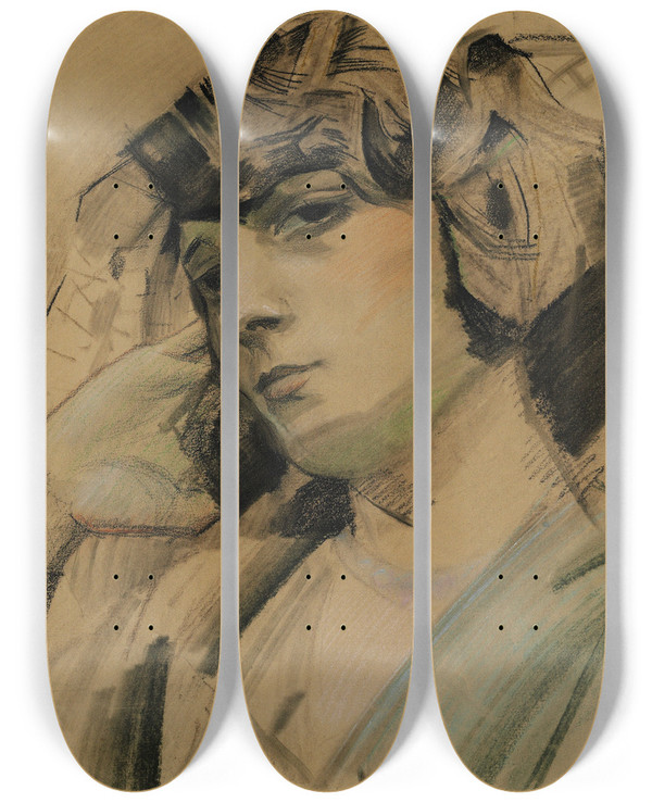 Triptych art skateboard deck of Sergey Chekhonin Female Study_1 by Sergey Chekhonin (1878-1936)