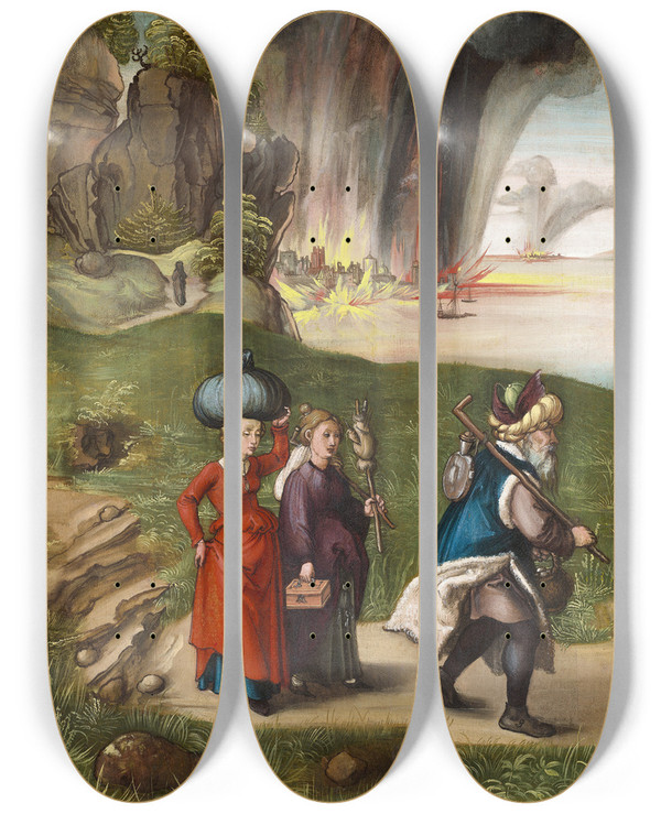 Triptych art skateboard deck of Albrecht Drer Lot And His Daughters by Albrecht Durer (1471-1528)
