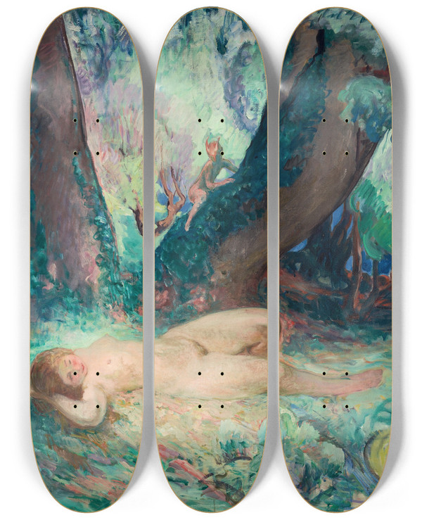 Triptych art skateboard deck of Henri Lebasque Nu Au Petit Faune by Henri Lebasque (1865-1937)