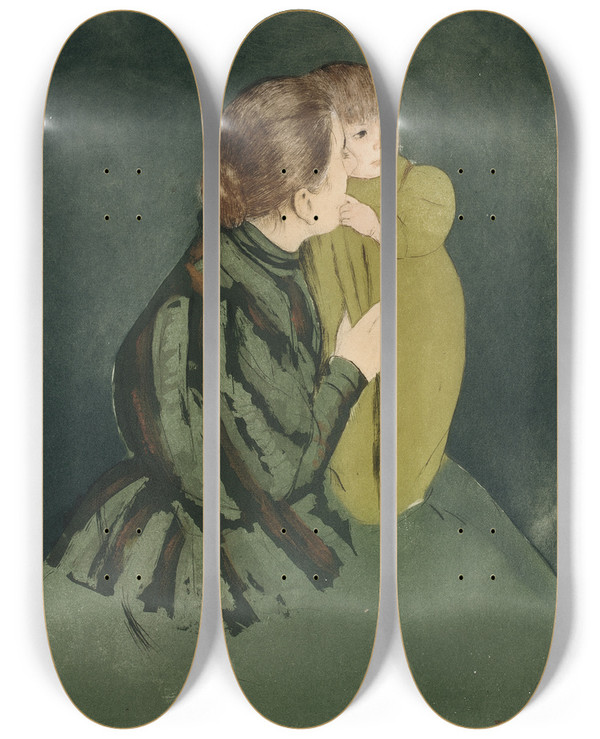 Triptych art skateboard deck of Mary Cassatt Peasant Mother And Child by Mary Cassatt (1844-1926)
